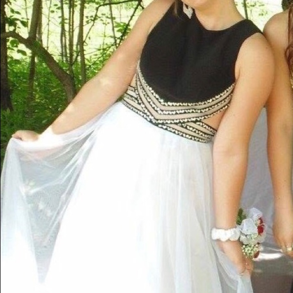 Black & White Prom Dress, Open Back, High Neck